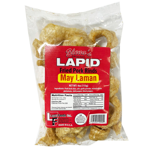 Front graphic image of Elena's Lapid Fried Pork Rind - May Laman 4oz