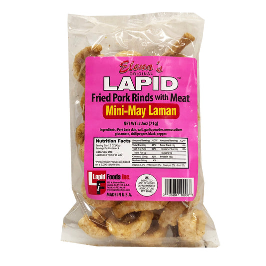 Front graphic image of Elena's Lapid Fried Pork Rind - Mini May Laman 2.5oz