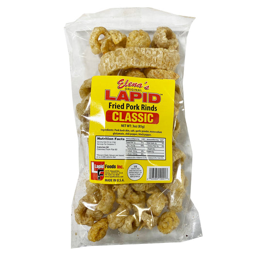Front graphic image of Elena's Lapid Fried Pork Rinds - Classic 3oz