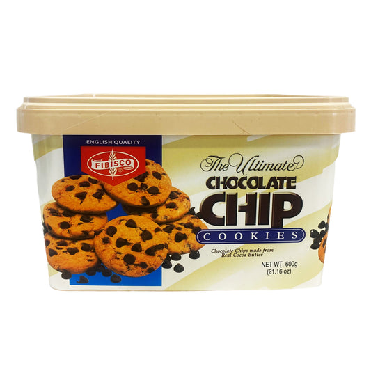 Front graphic image of Fibisco Chocolate Chip Cookies Square Tub 21.16oz (600g)