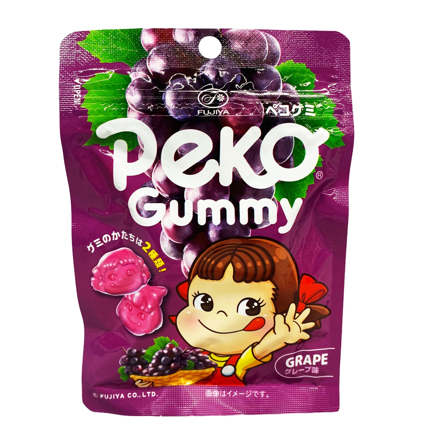 Front graphic image of Fujiya Peko Gummy Candy - Grape Flavor 1.7oz (50g)