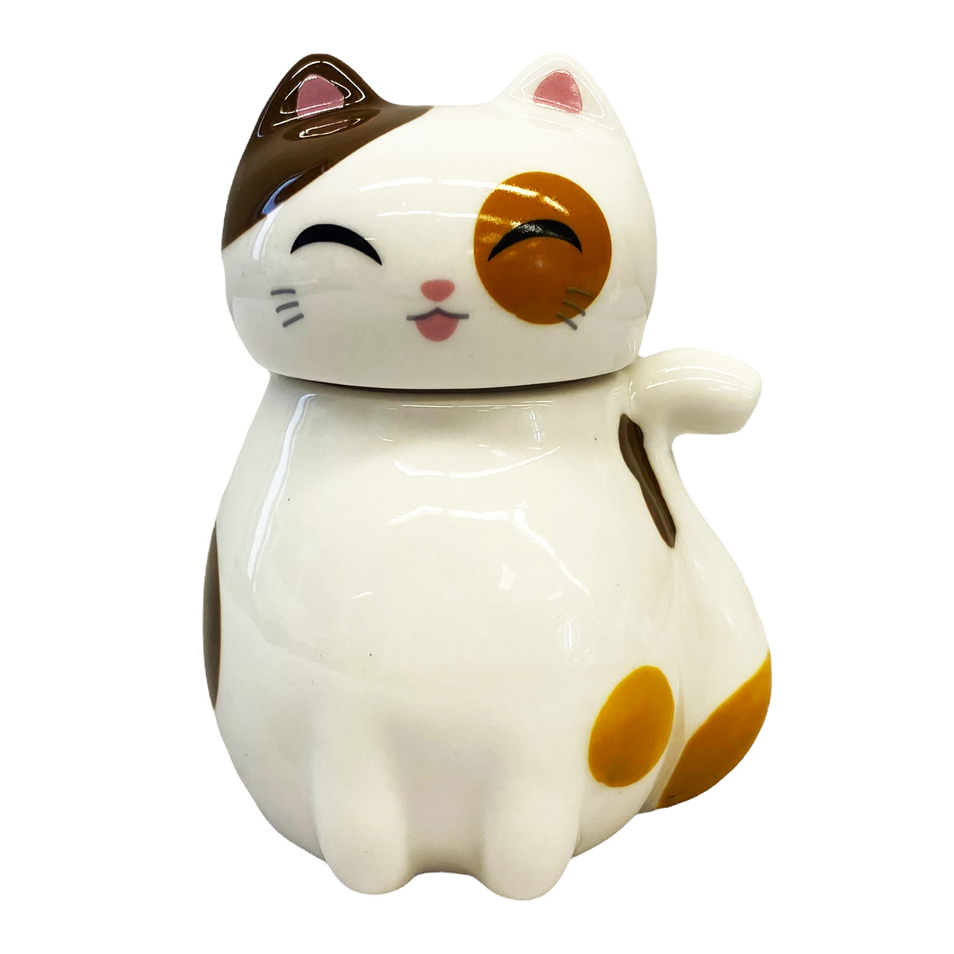 Front graphic view of Genki Cats Porcelain Sauce Dispenser - Beige 3.75 Inches 4oz