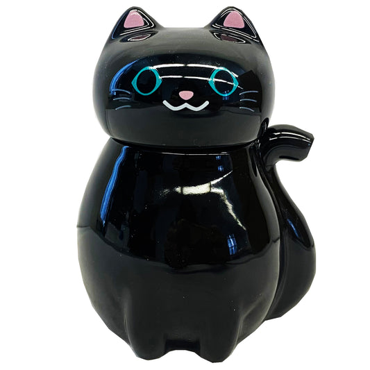 Front graphic view of Genki Cats Porcelain Sauce Dispenser - Black 3.75 Inches 4oz 