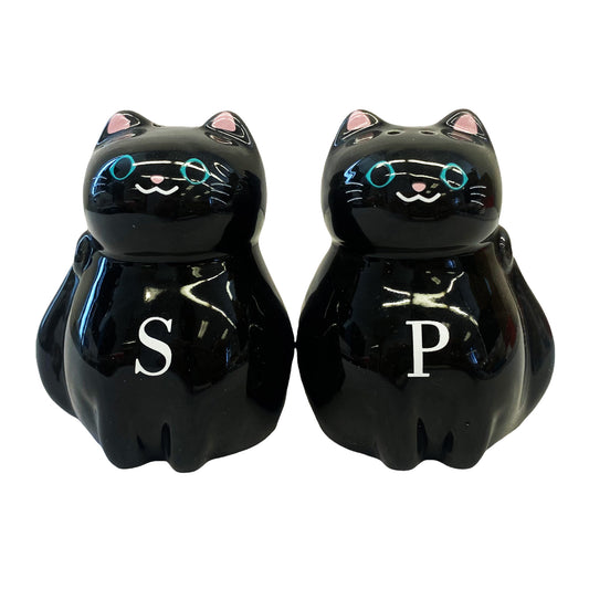 Front graphic view of Genki Cats Salt and Pepper Shaker - Black 3 inches