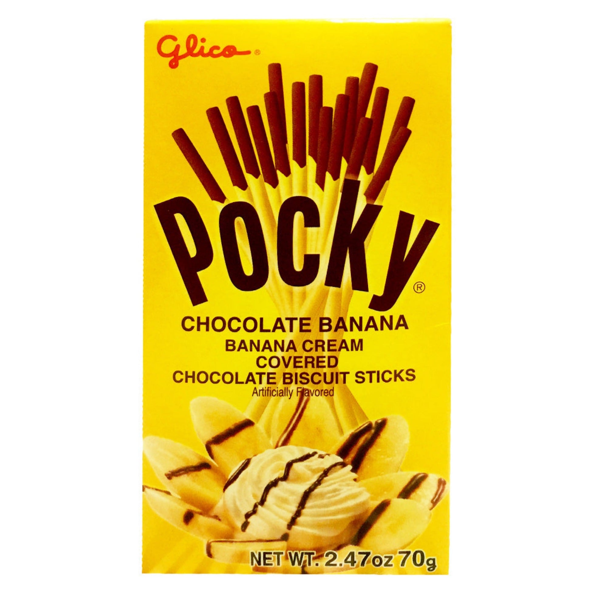 Front graphic image of Glico Pocky Sticks - Chocolate Banana Cream 2.47oz