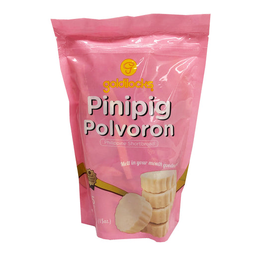 Front graphic image of Goldilocks Polvoron Pinipig 15oz