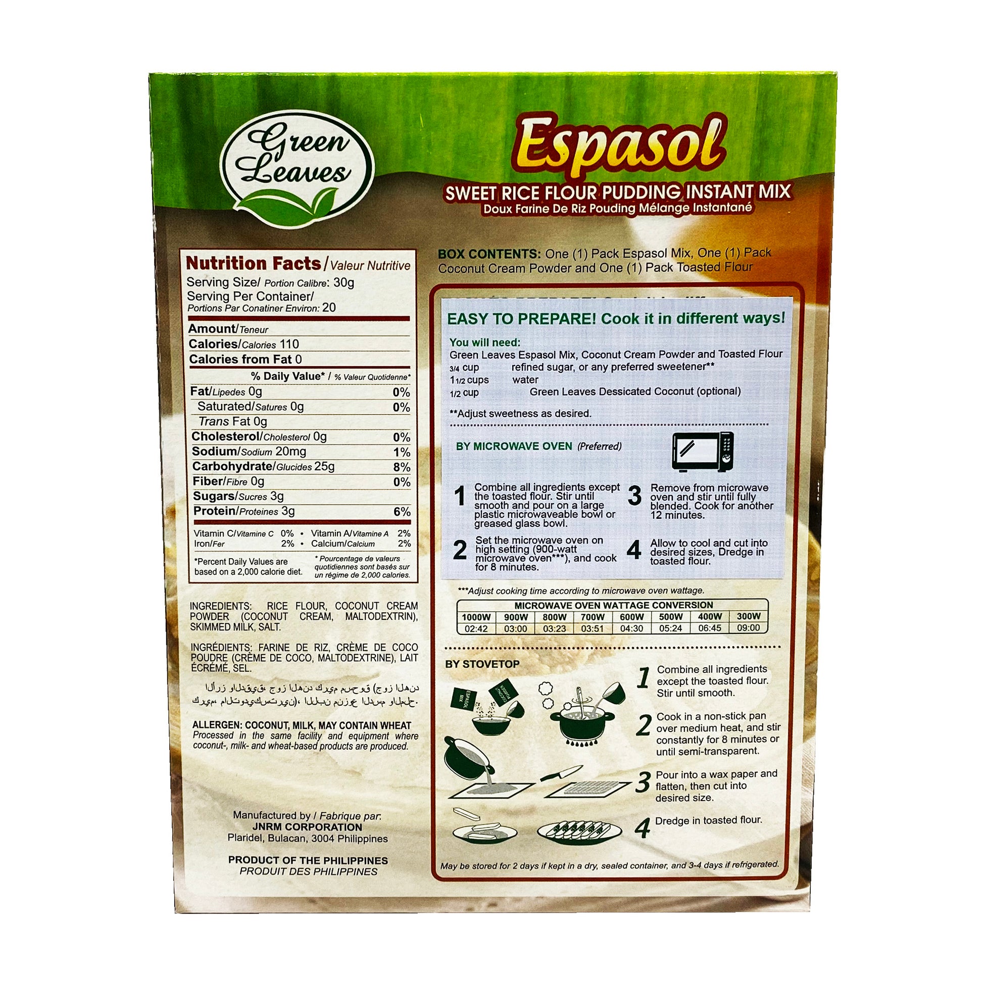 Back graphic image of Green Leaves Sweet Rice Flour Pudding Instant Mix - Espasol 7.93oz