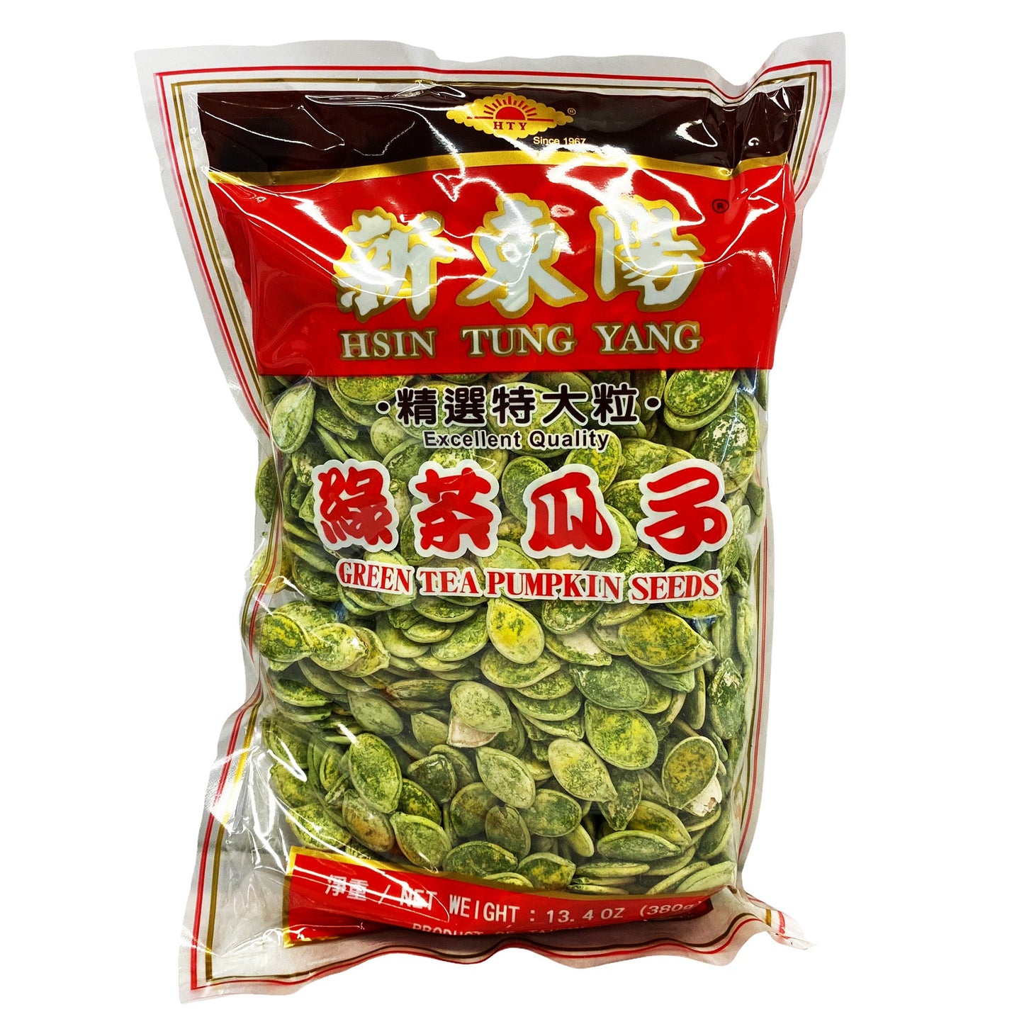 Front graphic image of Hsin Tung Yang Green Tea Pumpkin Seeds 13.4oz - 新东阳 绿茶瓜子 13.4oz