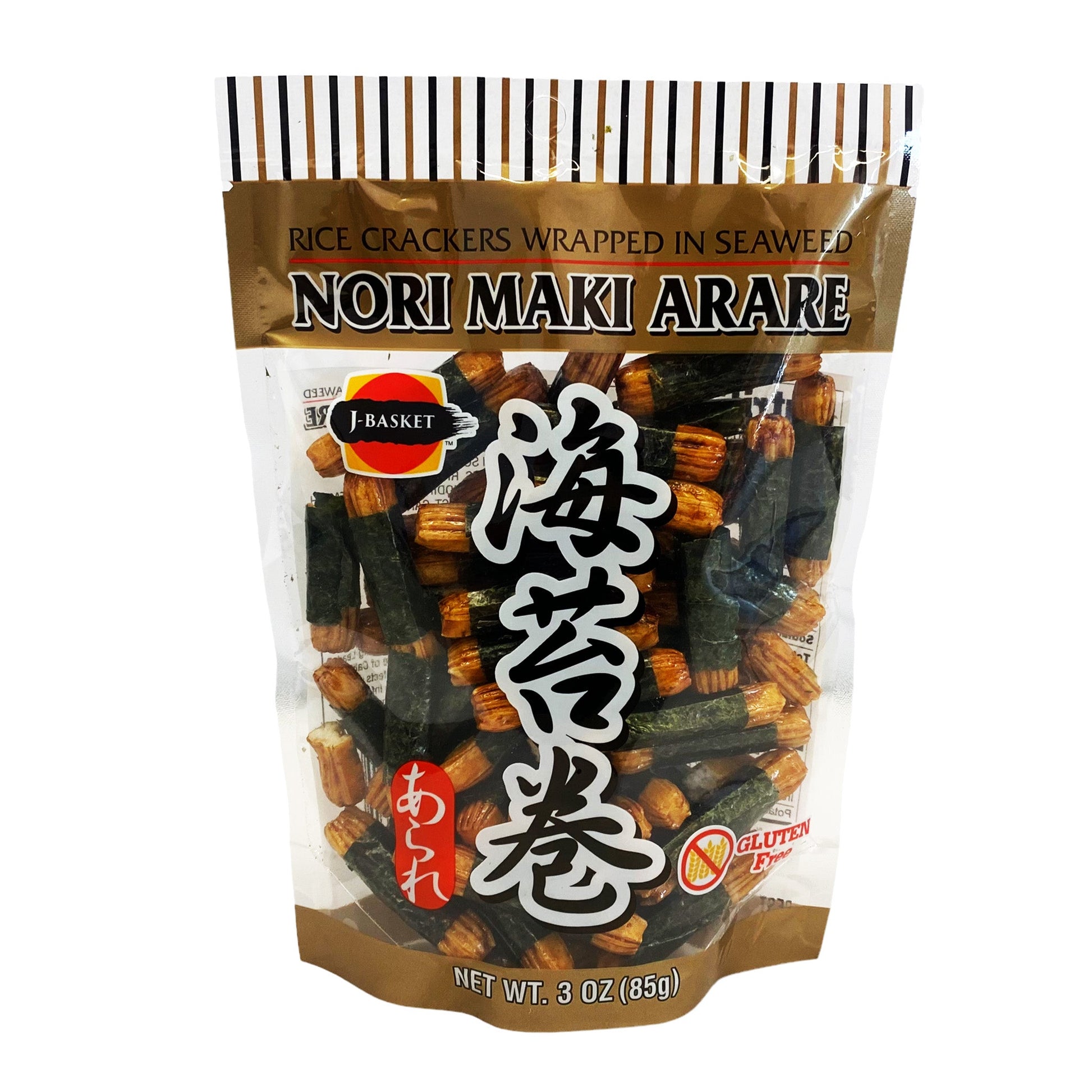 Front graphic view of J-Basket Seaweed Rice Cracker 3oz