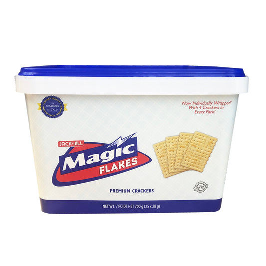 Front graphic image of Jack n' Jill Magic Flakes Premium Crackers Can 24oz