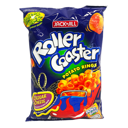 Front graphic image of Jack n' Jill Roller Coaster Potato Rings Cheddar Cheese Flavor Party Pack 7.48oz
