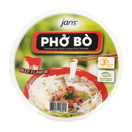 Front graphic image of Jans Pho Bo Vietnamese Style Instant Rice Noodle Beef Flavor 2.4oz