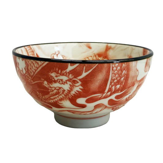 Front graphic image of Japanese Ceramic Rice Bowl - Red Dragon 4.5"Dx2.25"H