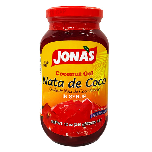 Front graphic image of Jonas Coconut Gel in Syrup - Nata De Coco Red 12 oz (340g)
