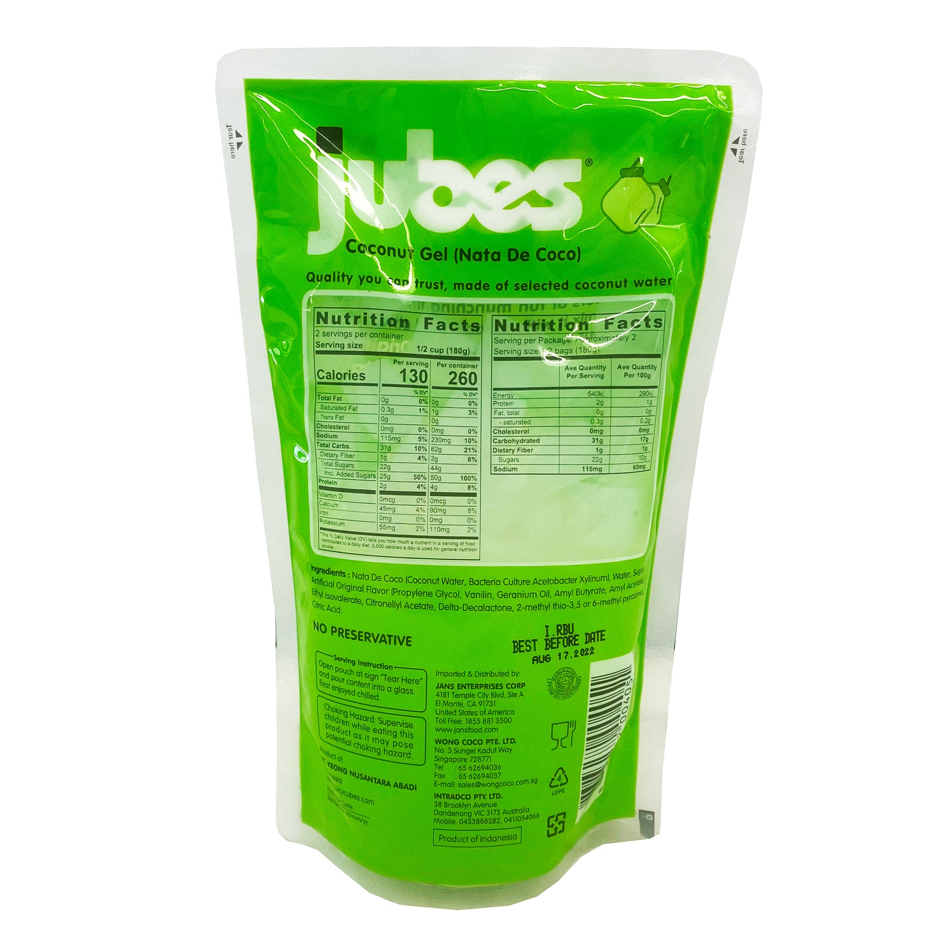 Back graphic image of Jubes Nata De Coco Original Flavor 12.7oz