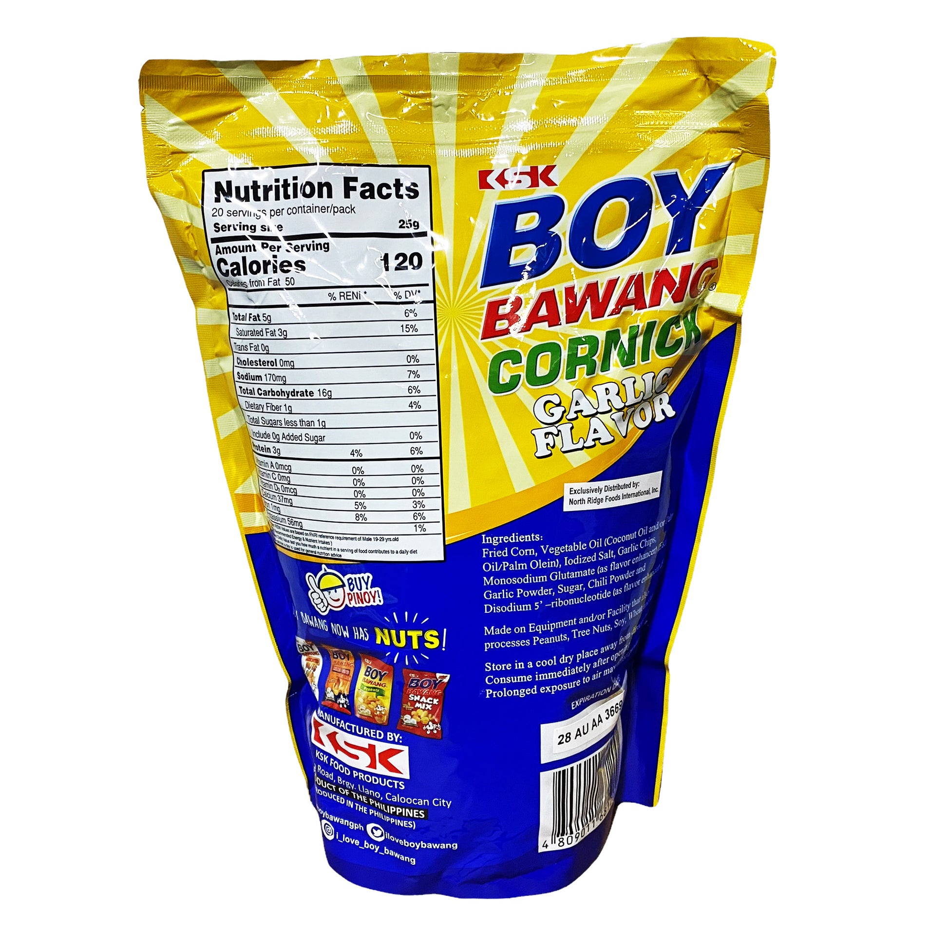 Back graphic image of KSK Boy Bawang Cornick - Garlic Flavor 17.64oz