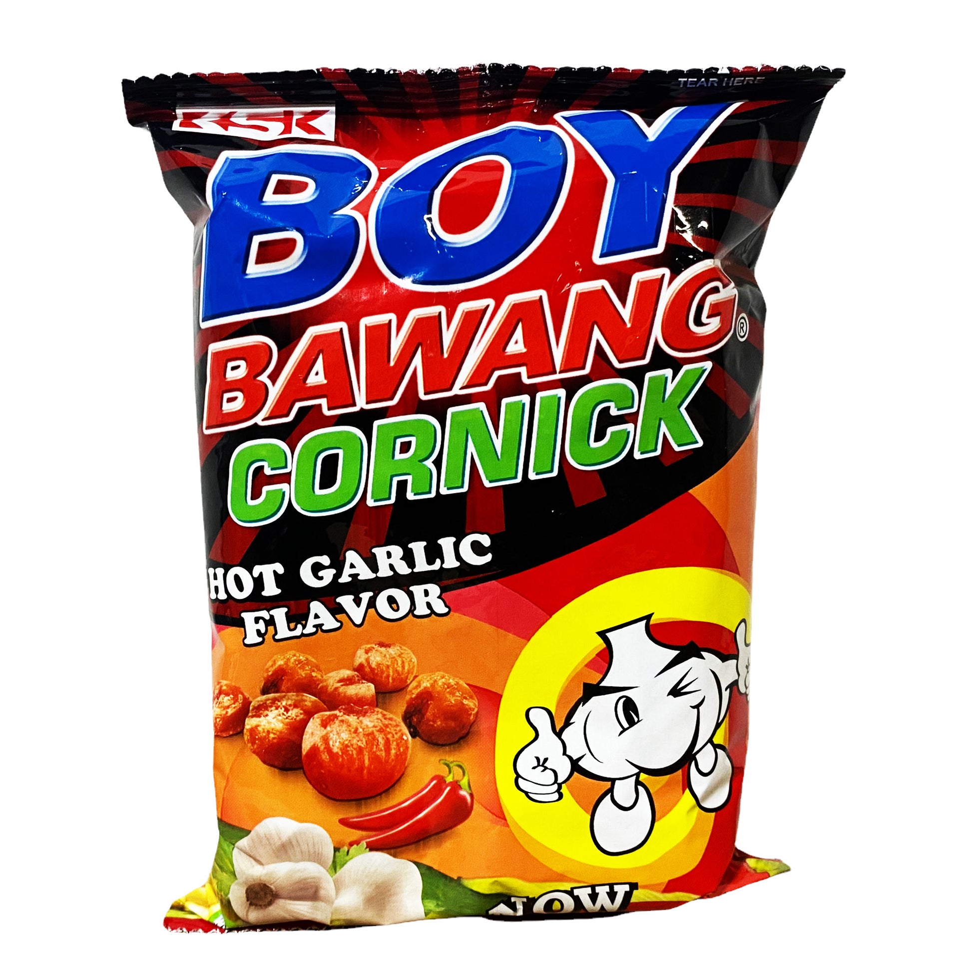 Front graphic image of KSK Boy Bawang Cornick - Hot Garlic Flavor 3.54oz