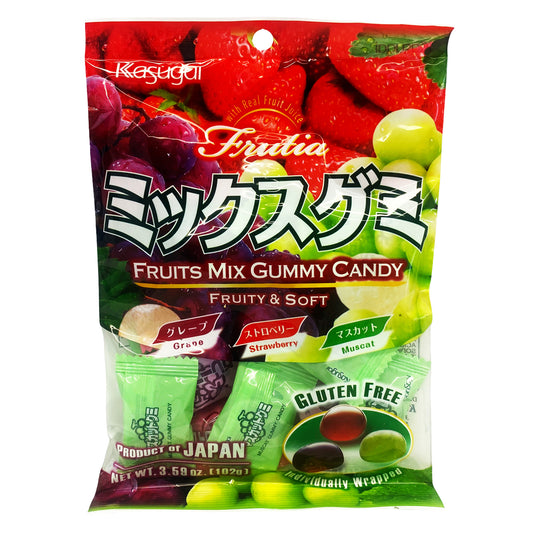 Front graphic image of Kasugai Gummy Candy Fruit Mix Flavor 3.59oz