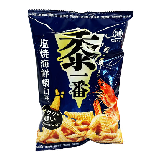 Front graphic image of Koikeya Corn Chips - Grilled Seafood Shrimp Flavor 2.64oz (75g)