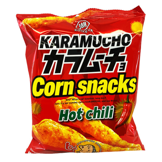 Front graphic image of Koikeya Karamucho Corn Snacks - Hot Chili 2.3oz (65g)