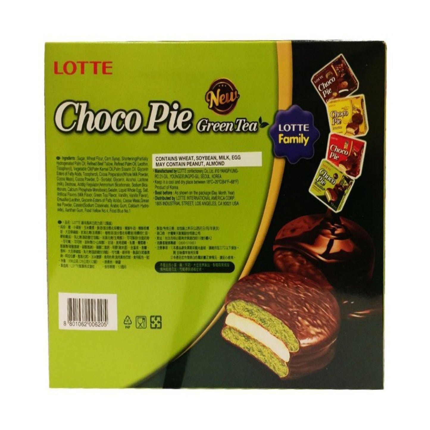 Back graphic image of Lotte Choco Pie - Green Tea 11.85oz