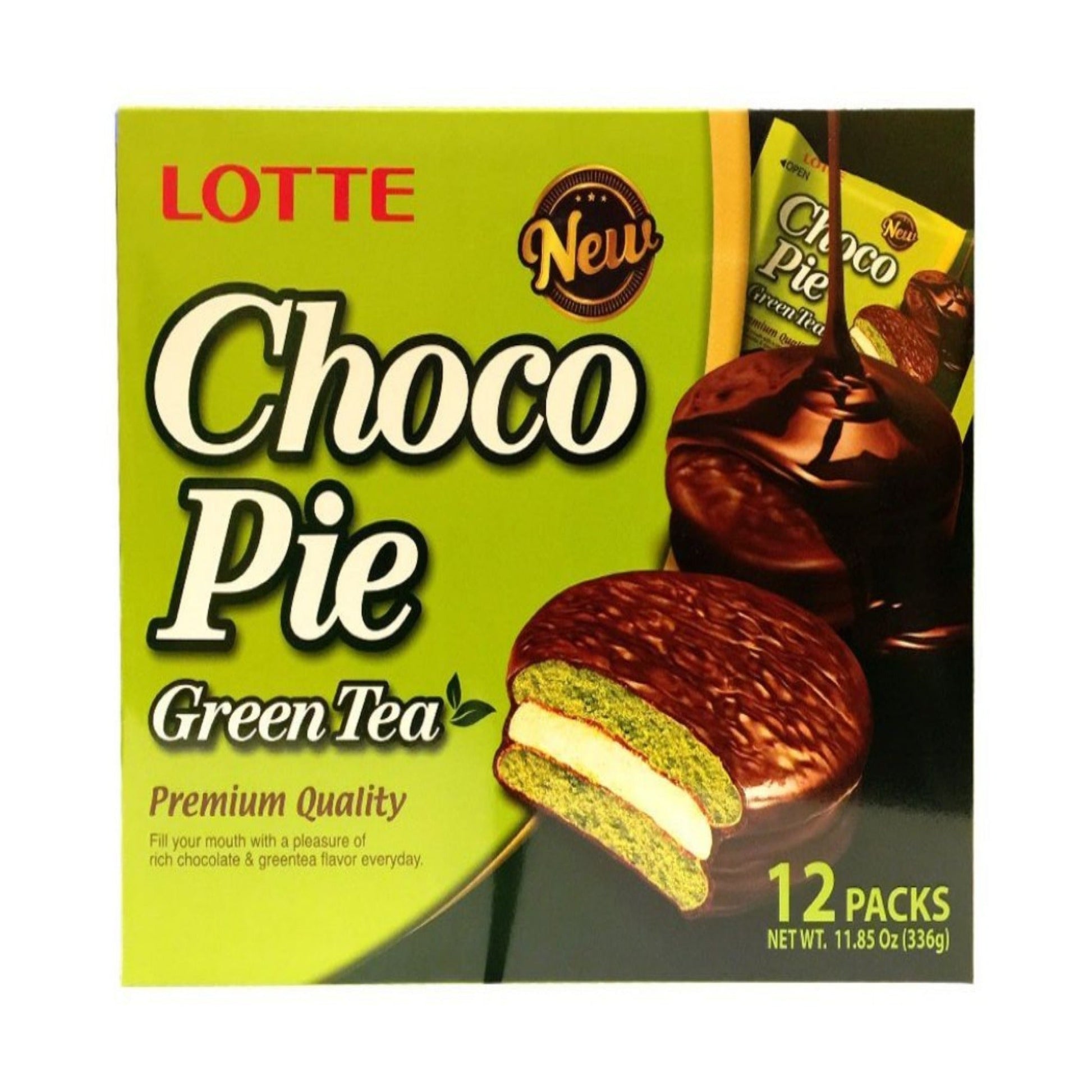 Front graphic image of Lotte Choco Pie - Green Tea 11.85oz