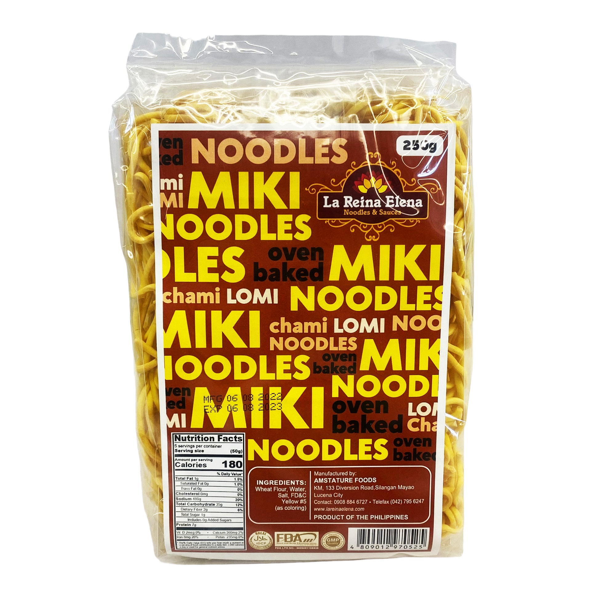 Front graphic view of La Reina Elena Oven Baked Miki Noodle 8.8oz (250g)