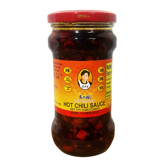 Front graphic image of Lao Gan Ma Hot Chili Sauce 9.88oz - 老干妈 辣三丁油辣椒 9.88oz