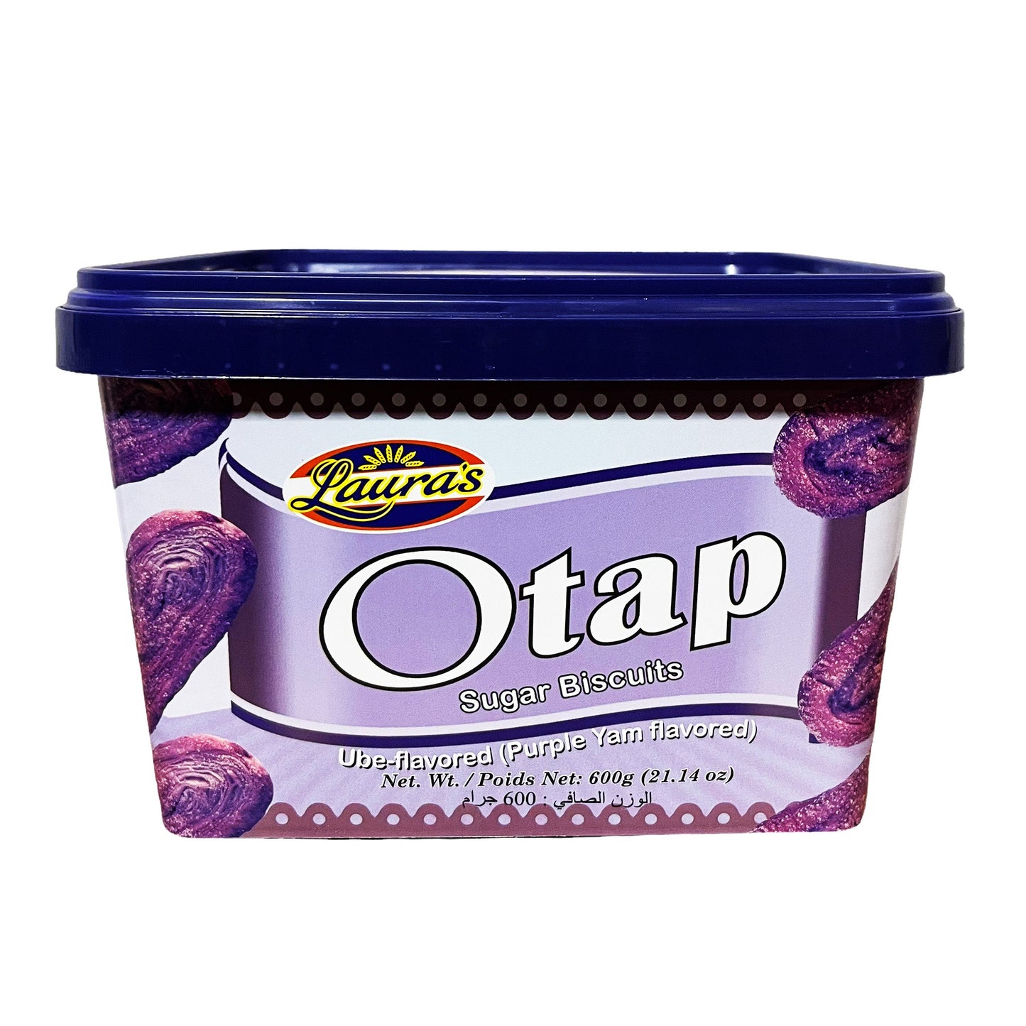 Front graphic image of Laura's Sugar Biscuits Otap In Can - Ube Flavor 21.1oz