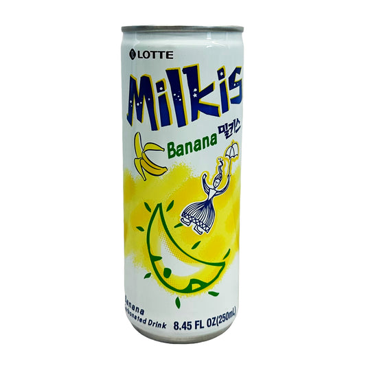 Front graphic image of Lotte Milkis Drink Can Banana Flavor 8.45oz