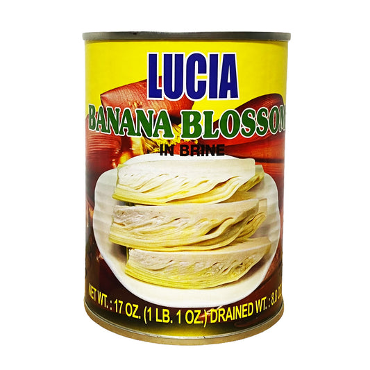Front graphic view of Lucia Banana Blossom In Brine 17oz