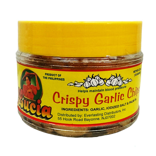 Front graphic image of Lucia Crispy Garlic Chips 4.23oz