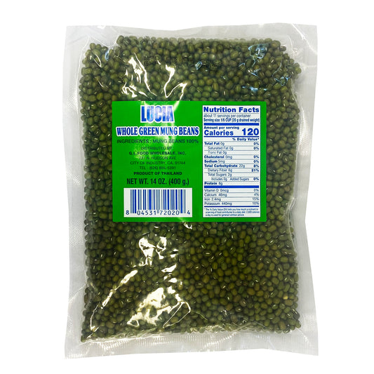 Front graphic image of Lucia Whole Green Mung Beans 14oz (400g)