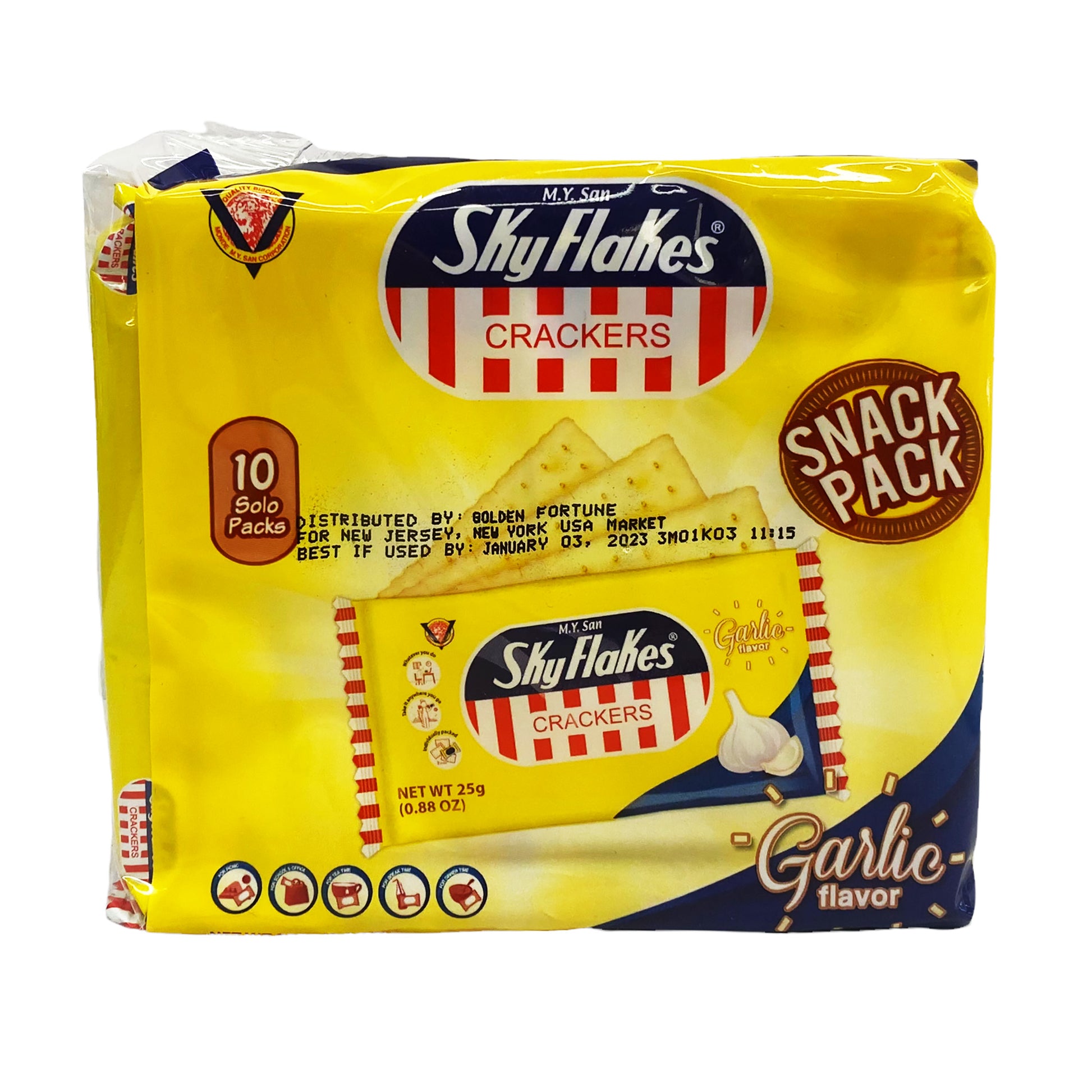 Front graphic image of MY San SkyFlakes Crackers - Garlic Flavor 8oz