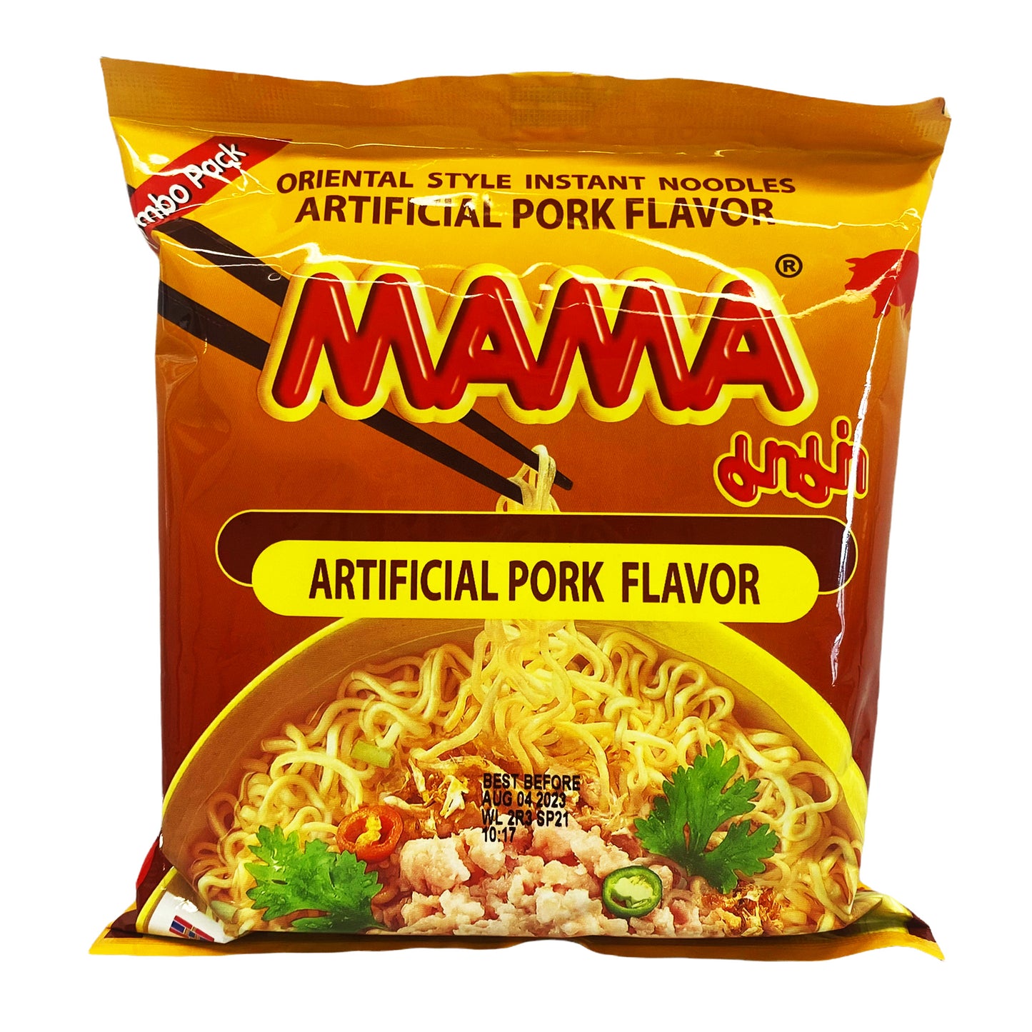 Front graphic image of Mama Oriental Style Noodle Pork Flavor 3.17oz (90g)