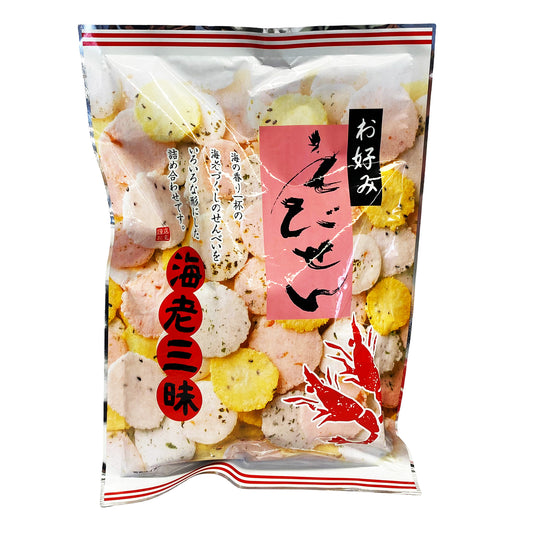 Front graphic image of Mama Shrimp Cracker Mix - Okonomi Ebi Sen 3.52oz (100g)