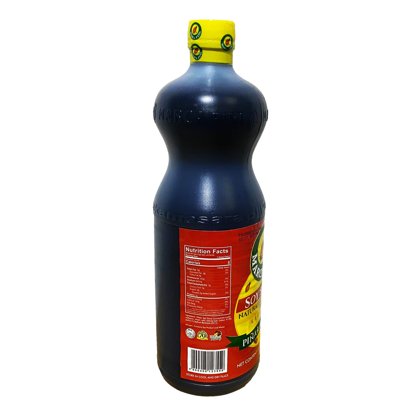 Back graphic view of Marca Pina Soy Sauce 33.81oz