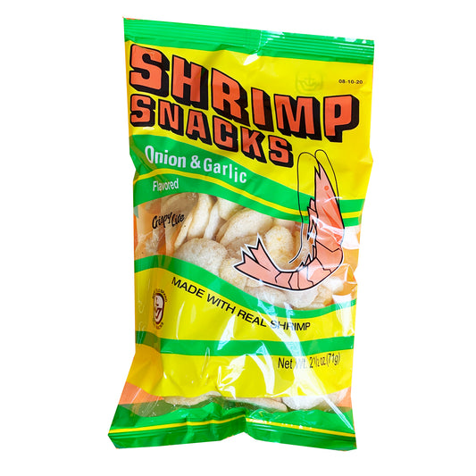 Front graphic image of Marco Polo Shrimp Chips - Onion & Garlic 2.5oz