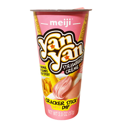 Front graphic image of Meiji Yan Yan Cracker Stick With Dip - Strawberry Cream 2oz