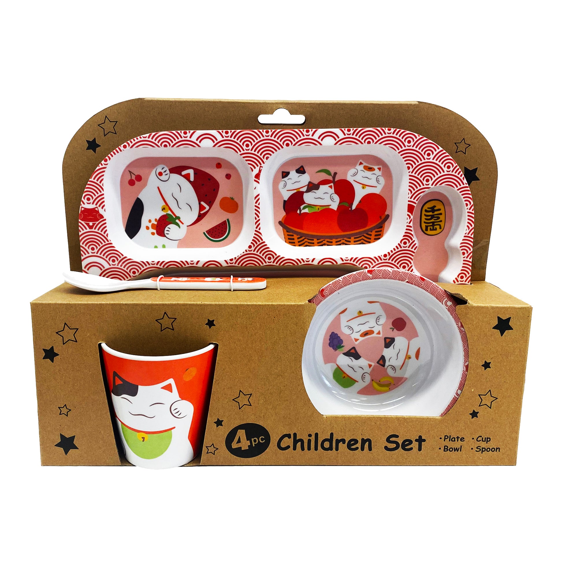 Front graphic view of Melamine 4 pcs Children Set - Lucky Cat