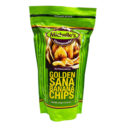 Front graphic image of Michelle's Golden Sana Banana Chips 12.35oz