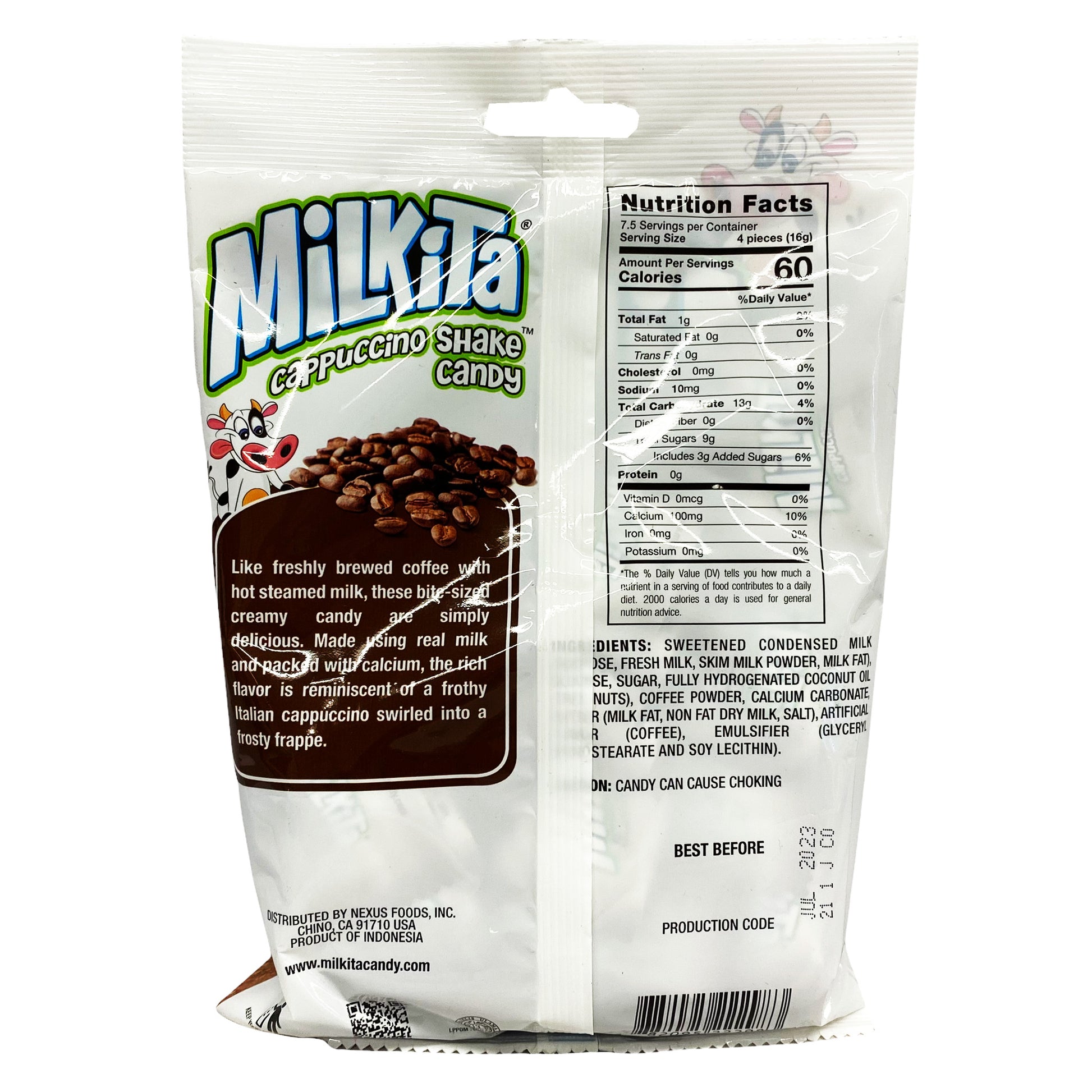 Back graphic image of Milkita Creamy Shake Candy - Cappuccino Flavor 4.23oz (120g)