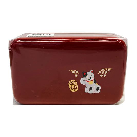 Front graphic view of Miya 2 Tiered Bento Box - Red Beckoning Cat 5.5 X 3 Inches 