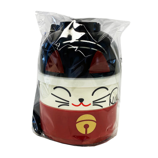 Front graphic view of Miya Bento Set - Kokeshi Red Cat 5.5 X 4 Inches 