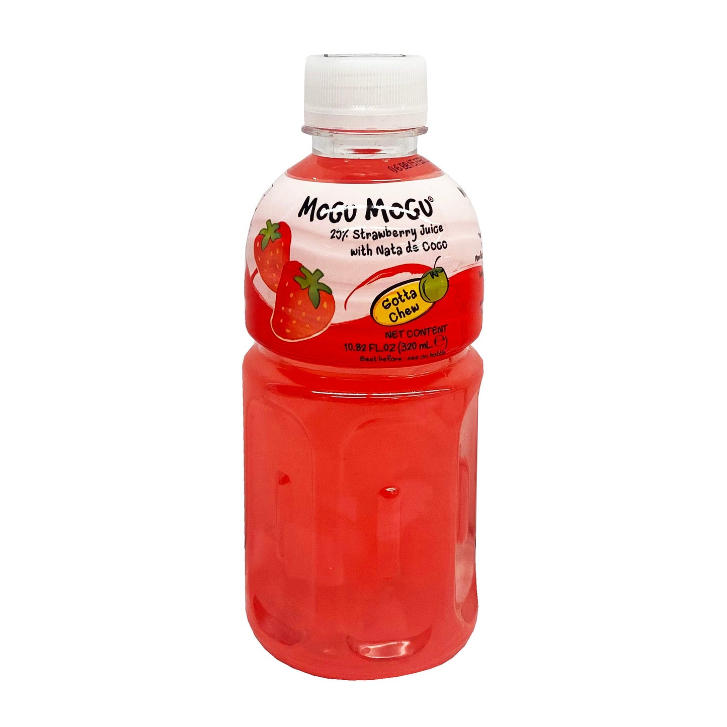 Front graphic image of Mogu Mogu Strawberry Juice with Nata De Coco 10.82oz