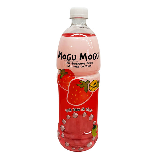 Front graphic image of Mogu Mogu Strawberry Juice with Nata De Coco 33.8oz (1000ml)