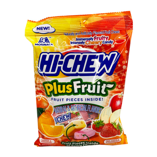 Front graphic image of Morinaga Hi-Chew Chewy Candy Plus Fruit - Orange & Tangerine, Red Apple & Strawberry flavor 3.17oz