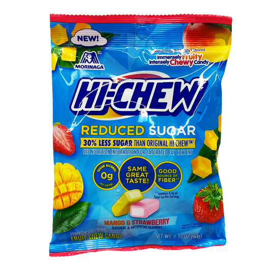 Front graphic image of Morinaga Hi-Chew Reduced Sugar Chewy Candy - Mango & Strawberry 2.12oz (60g)