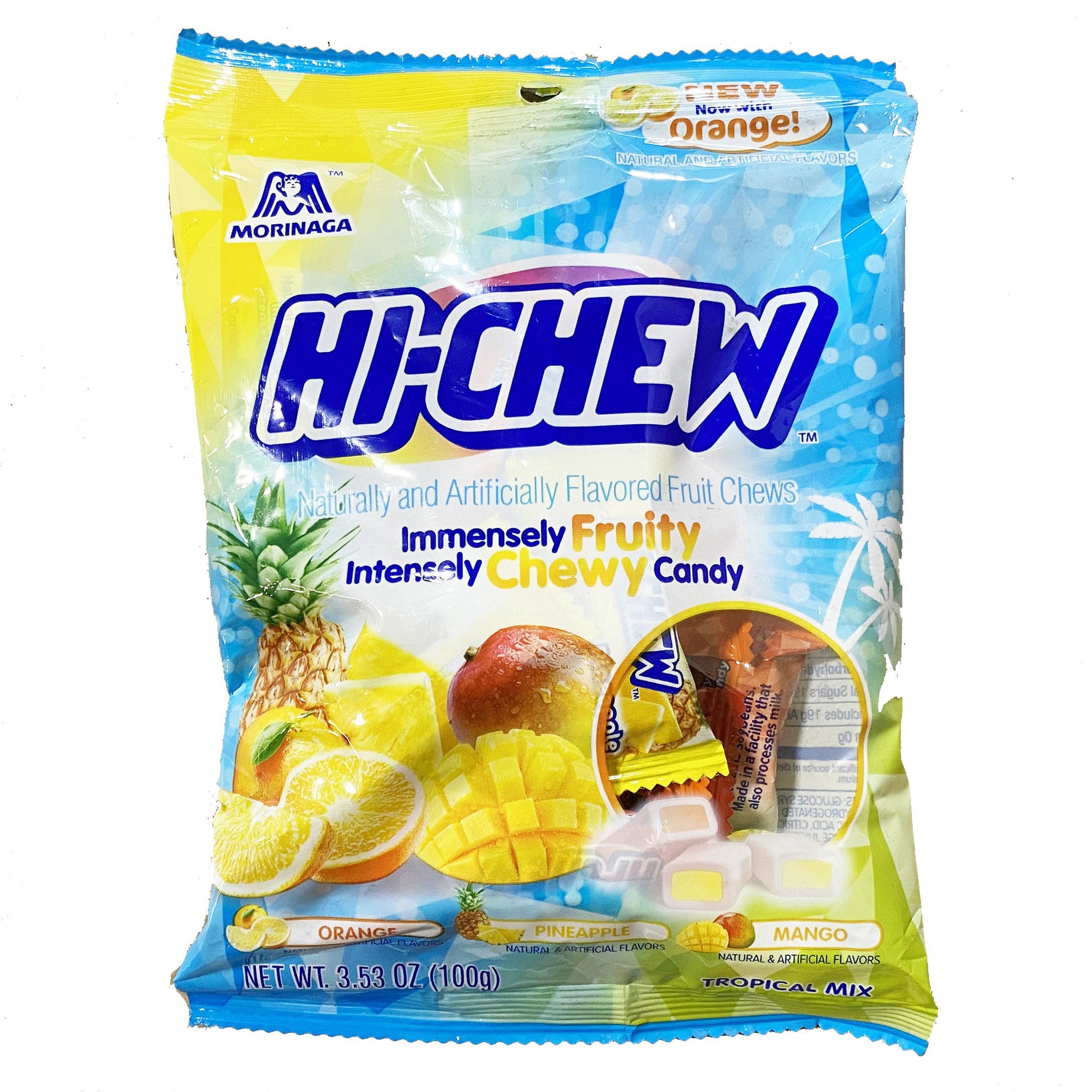 Front graphic image of Morinaga Hi-Chew Chewy Candy Tropical Mix - Orange, Pineapple, Mango Flavor 3.53oz