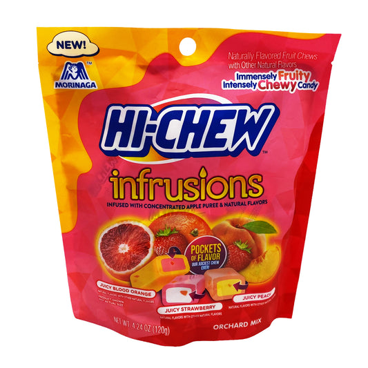 Front graphic image of Morinaga Hi Chew Infrusions Orchard Mix Chewy Candy - Blood Orange, Strawberry, Peach 4.24oz (120g)